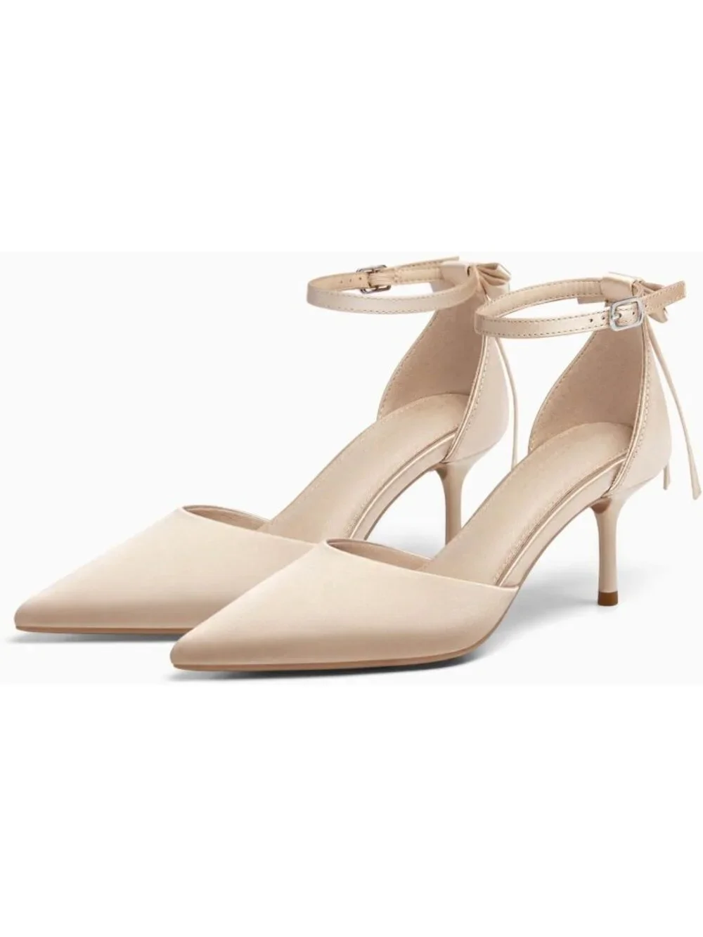 Women's Tan Kitten Low Heels Closed Pointed Toe Pumps Bow Ankle Strap Shoes